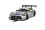 Scalextric 1/32 scale Mercedes-Benz AMG GT3 slot car in a silver and grey livery with D2 branding, shown on a track section.