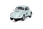 A light blue Scalextric 1/32 scale Volkswagen Beetle slot car with number 66 decals, positioned on a slot car track against a white background.