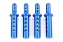 Four blue anodized aluminium RC car body posts arranged in a row against a white background.