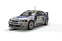 A 1/32 scale Scalextric Ford Escort WRC slot car in white and blue livery with number 7, displayed on a white background.
