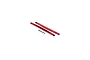 Two red anodized aluminium rear trailing arms for a Traxxas RC vehicle, shown with small black hollow ball inserts on a white background.