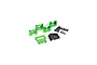 Traxxas green aluminium centre differential mount set including metal brackets, a green plate with Traxxas logo, a black plastic cover, and various screws.