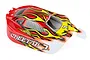 A pre-painted red RC buggy body shell for the HSP Cheetah, featuring yellow and orange flame graphics, black window details, and racing decals.