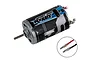 Reedy Power Sport 390 brushed RC motor with a black and blue label, featuring a metal shaft and pre-soldered red and black wires with bullet connectors.