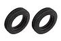 Two black rubber RC car front tyres from Team Associated with a ribbed tread pattern, shown against a white background.