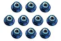 Ten blue anodized aluminium flanged nyloc nuts arranged in three rows against a white background.