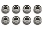 A set of eight identical small metal shielded ball bearings arranged in two rows of four against a white background.