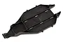 A black molded plastic RC car chassis tub viewed from a high angle against a white background.