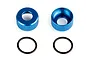Two blue anodized aluminium RC shock bottom caps and two black rubber O-rings on a white background.