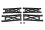 Four black plastic RC suspension arms and two small washers arranged on a white background.