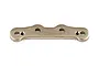 A silver-coloured metal front hinge pin brace for an RC car, featuring a flat, elongated shape with multiple mounting holes.