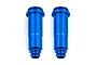 Two blue anodized aluminium RC shock bodies standing vertically against a white background.