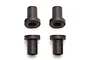 Four dark grey metal flanged bushings for RC car suspension arranged in a square pattern against a white background.