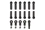 A collection of black plastic ball cups and metal pivot balls for RC car suspension and steering linkages, arranged on a white background.