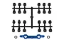A blue aluminium suspension arm C mount, two metal washers, and a black plastic parts tree with various suspension inserts.
