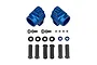 Factory Team blue aluminium rear hub set for RC cars, including ball studs, screws, washers, and plastic axle spacers.