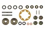 A collection of RC differential gear rebuild parts including metal gears, washers, pins, O-rings, and a gasket arranged on a white background.
