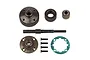 Team Associated metal differential gear conversion set including gears, a shaft, screws, and a green gasket on a white background.