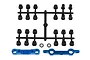 Factory Team suspension arm mount set including two blue anodized aluminium mounts, a plastic parts tree with inserts, and two small metal washers.