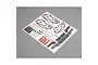 A sheet of Losi Baja Rey RC car decals featuring various logos, sponsor stickers, and graphic elements on a white backing sheet.