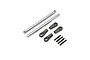 Losi RC upper trailing arm link set containing two metal rods, four plastic rod ends, and four threaded grub screws on a white background.