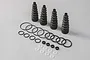 Losi shock rebuild kit containing four black rubber shock boots, various black O-rings, and small clear plastic washers on a grey background.