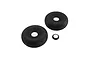 A set of three RC plane wheels, including two large main wheels and one smaller tail wheel, featuring black foam tires and white plastic hubs.