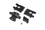 A set of black plastic RC car centre differential mount components and a single small screw on a white background.