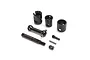 Axial CVD spur gear shaft set components including metal drive cups, a dogbone shaft, threaded axle, and small hardware pins on a white background.