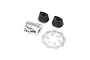 Losi RC motorcycle spare parts including a silver exhaust tip, two black rubber exhaust components, and a silver metal brake rotor.