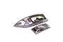 Pro Boat Shreddy RC boat hull and matching canopy featuring grey, blue, and pink graphics on a white background.