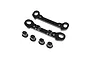 Two black aluminium Losi rear hinge pin braces and four plastic suspension inserts on a white background.