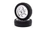 Two Losi 1/16 scale Mickey Thompson front drag racing wheels with silver five-spoke rims and black rubber tires, stacked on a white background.
