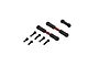 ARRMA red aluminium steering turnbuckles with black plastic rod ends and associated black mounting screws on a white background.