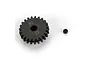 A black hardened steel 23-tooth 1Mod pinion gear with a small grub screw, isolated on a white background.