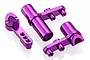 A set of three purple anodized aluminium RC steering servo saver components on a white background.