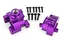 HSP purple anodised aluminium gear box set for RC cars, including two housing halves and ten black mounting screws on a white background.