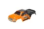 ARRMA 1/10 scale Granite RC truck body shell in orange and black with custom graphics on a white background.