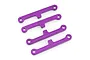Four purple anodized aluminium suspension arm braces for HSP RC cars arranged in a row on a white background.