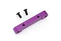 A purple anodized aluminium rear suspension arm pin mount for an RC car, shown with two black countersunk screws on a white background.