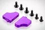 Two purple anodized aluminium RC servo mounts with six black metal mounting screws arranged on a white background.