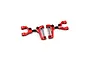 A pair of red anodized aluminium front upper suspension arms for an RC car, featuring adjustable turnbuckles and metal pins.