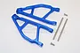 Two blue anodized aluminium front upper suspension arms for an RC car, with two metal hinge pins and two screws, on a white background.