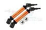 Two GPM orange aluminium and steel CVD driveshafts for RC cars, shown with included mounting hardware against a white background.