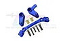 GPM Racing blue aluminium steering bell crank and drag link assembly with included screws and bushings on a white background.