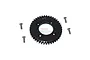 A black GPM Racing 41T hardened steel spur gear surrounded by four small flat-head screws on a white background.