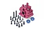 A red anodized aluminium front differential housing for an RC car, accompanied by a set of black screws and two ball bearings.