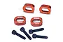 Four orange anodized aluminium motor mount spacers with GPM Racing branding and four black socket head screws on a white background.