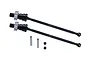 Two black GPM CVD driveshafts with silver aluminium wheel hexes, two metal pins, and two grub screws on a white background.