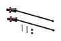 Two GPM Racing black steel CVD driveshafts with red aluminium wheel hexes, including two pins and two grub screws on a white background.